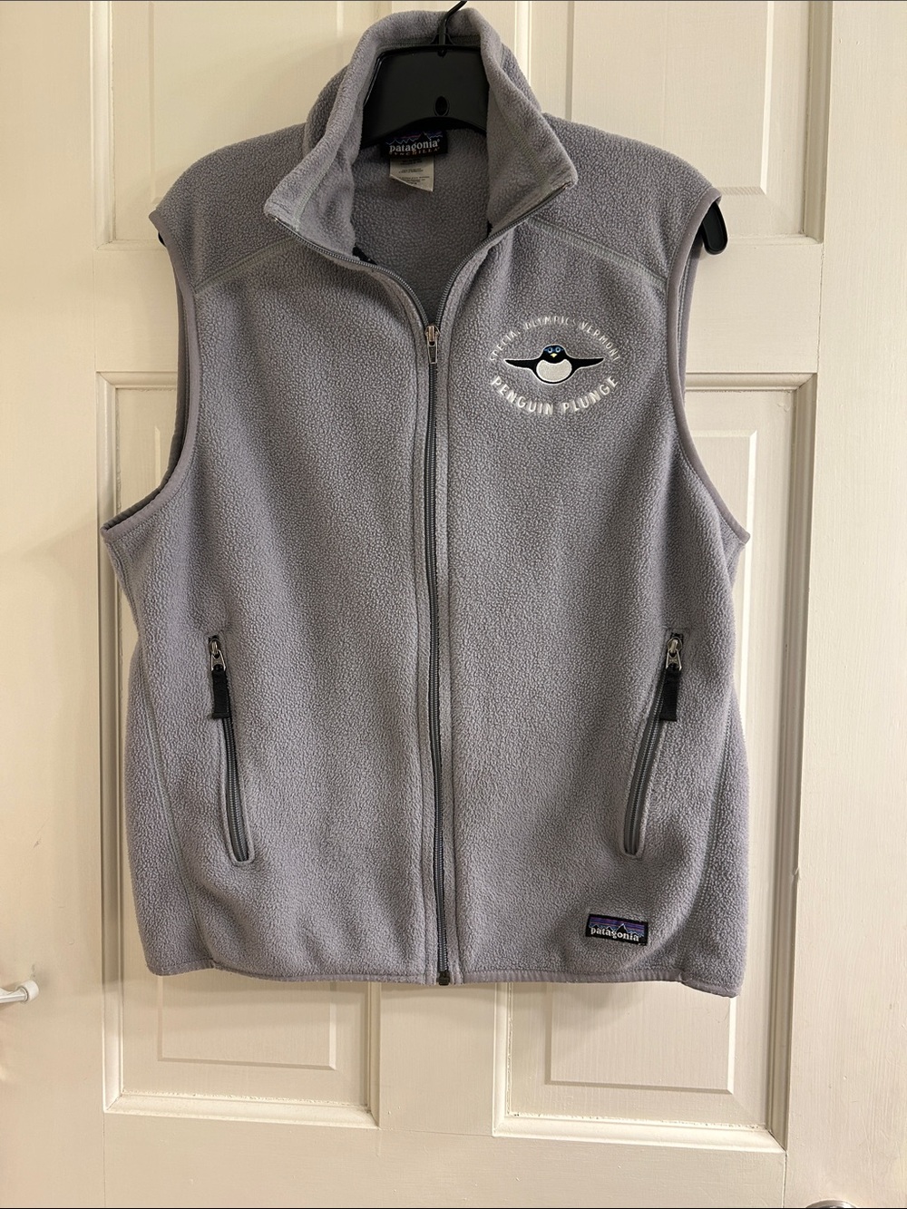 Patagonia Light Gray Fleece Vest with Vermont Special Olympics Penguin Emblem